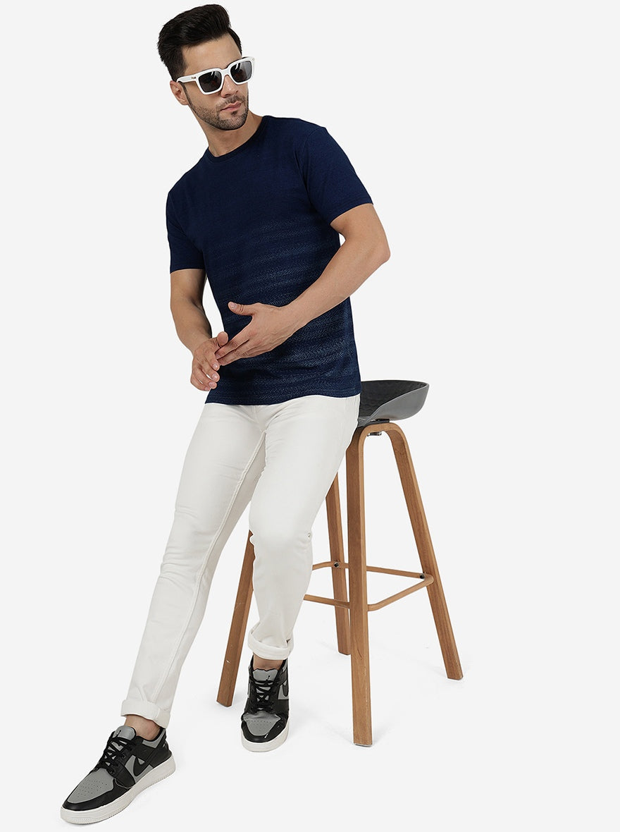 Denim Blue Solid Slim Fit T-Shirt | pehervi