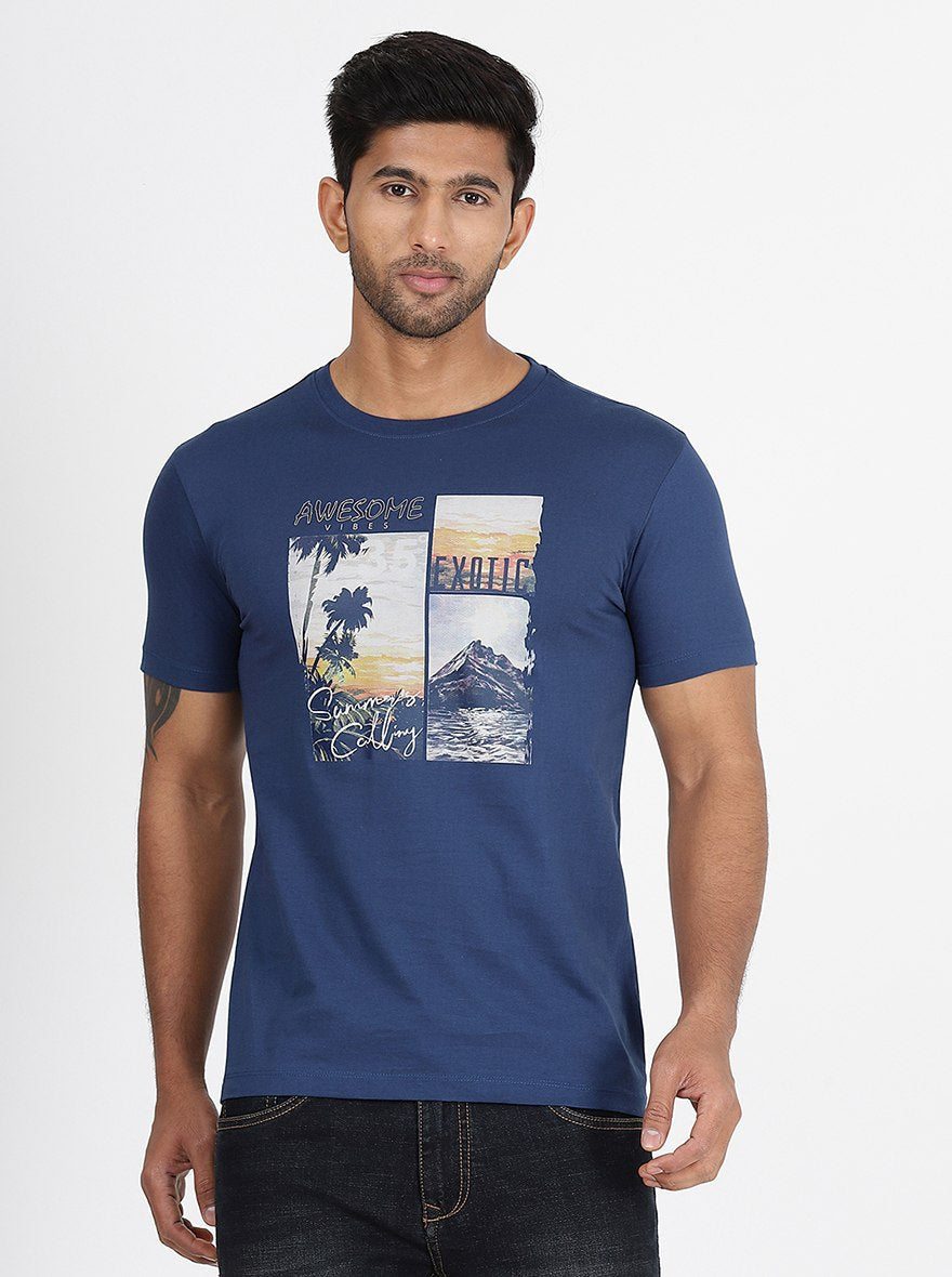 Blue Printed Slim Fit T-Shirt | pehervi