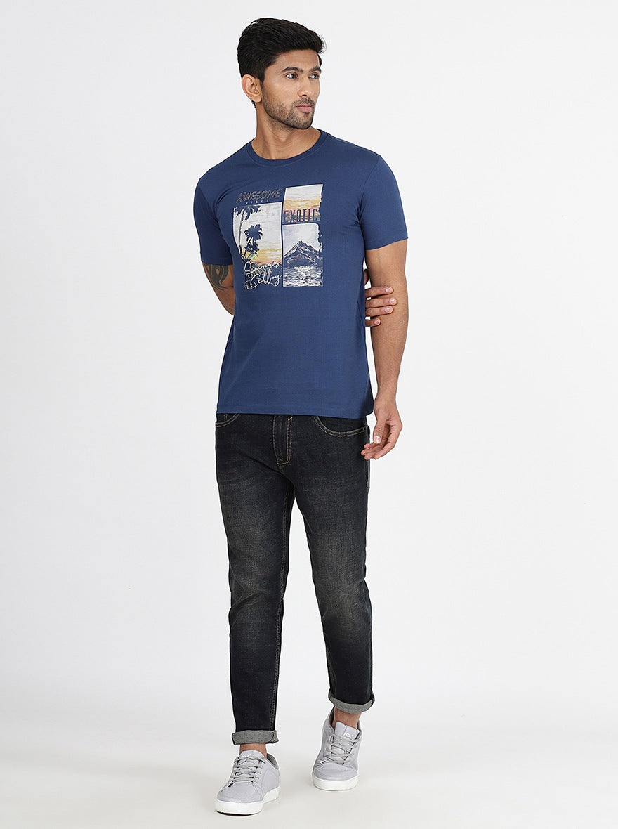 Blue Printed Slim Fit T-Shirt | pehervi