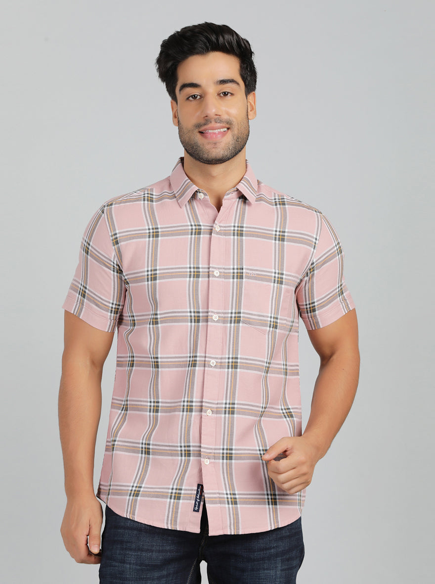 Dusky Pink Checked Slim Fit Casual Shirt | pehervi