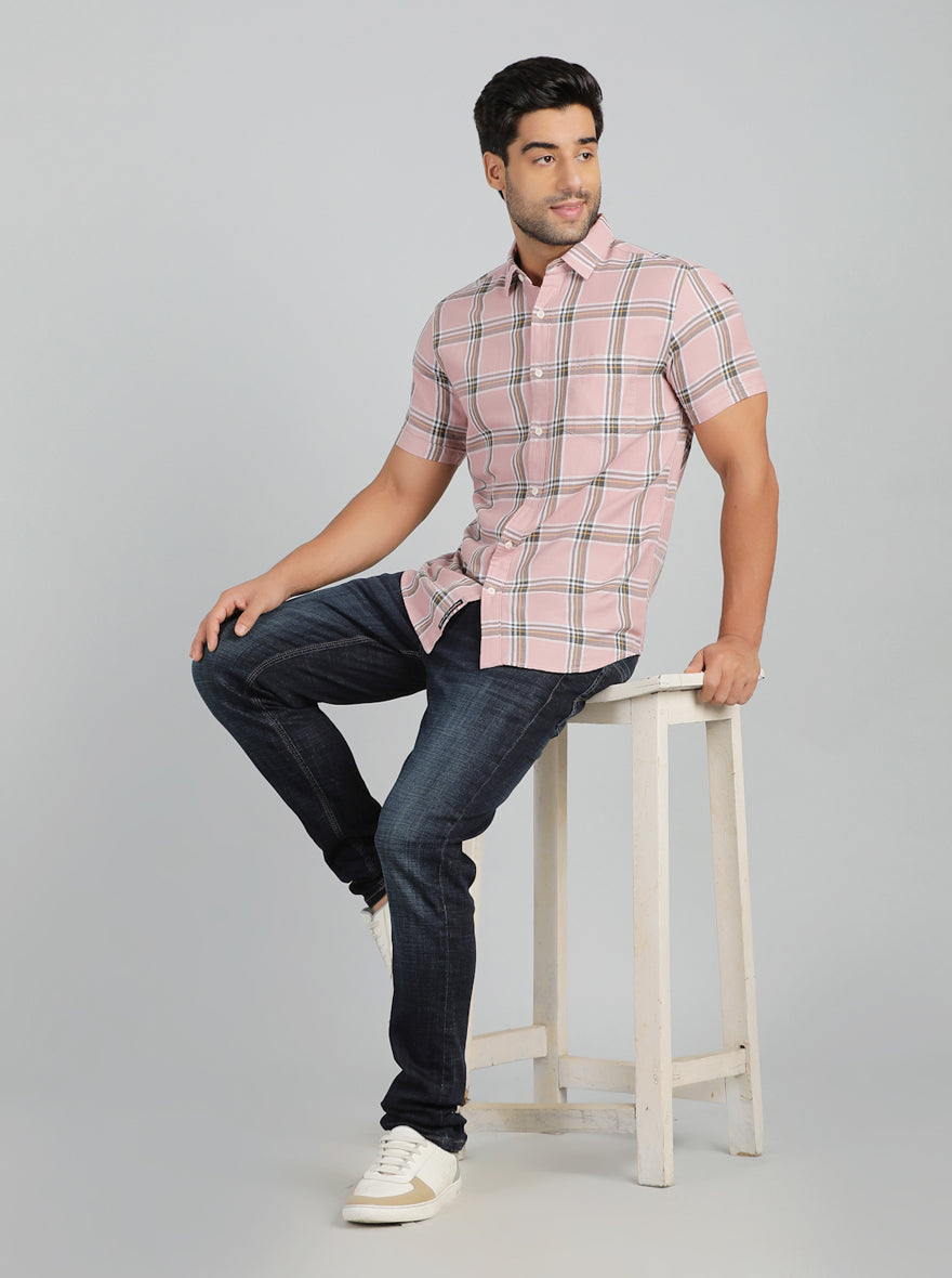 Dusky Pink Checked Slim Fit Casual Shirt | pehervi