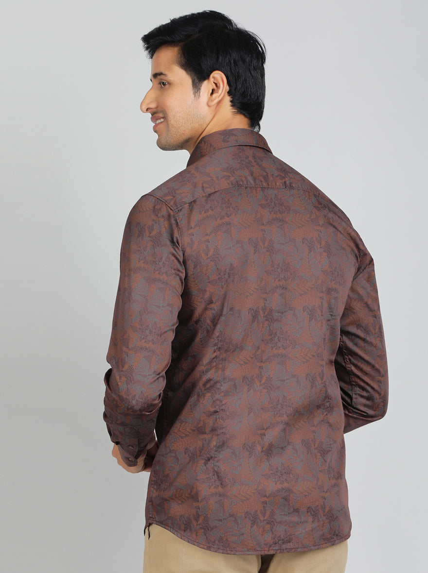 Brown Printed Slim Fit Casual Shirt | pehervi