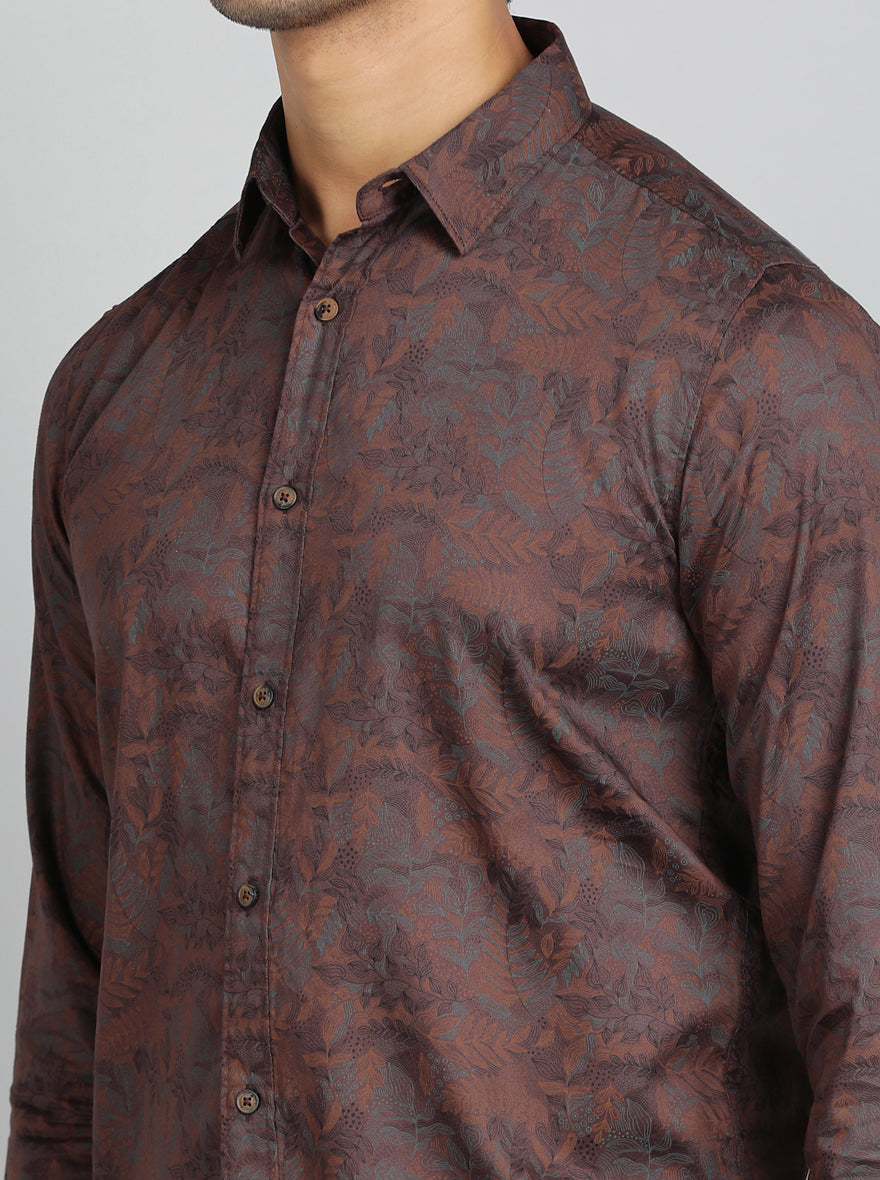 Brown Printed Slim Fit Casual Shirt | pehervi
