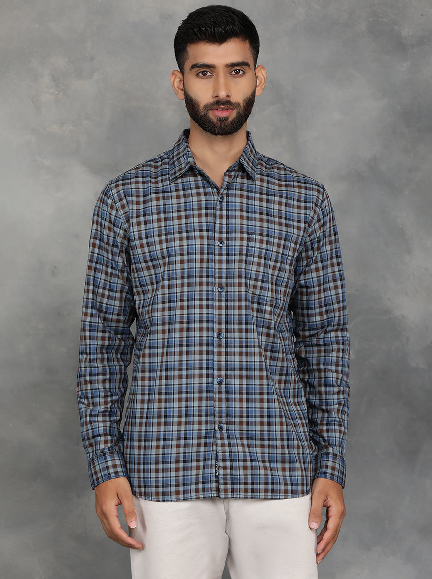 Blue Checked Slim Fit Casual Shirt | pehervi