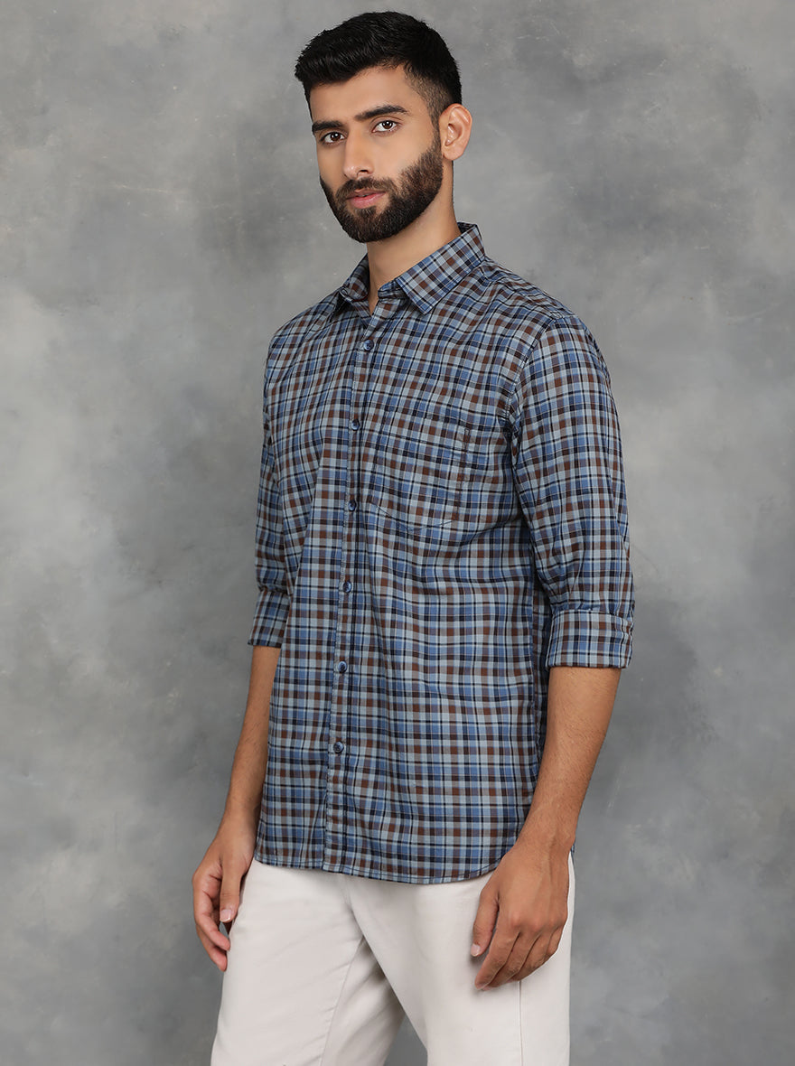 Blue Checked Slim Fit Casual Shirt | pehervi