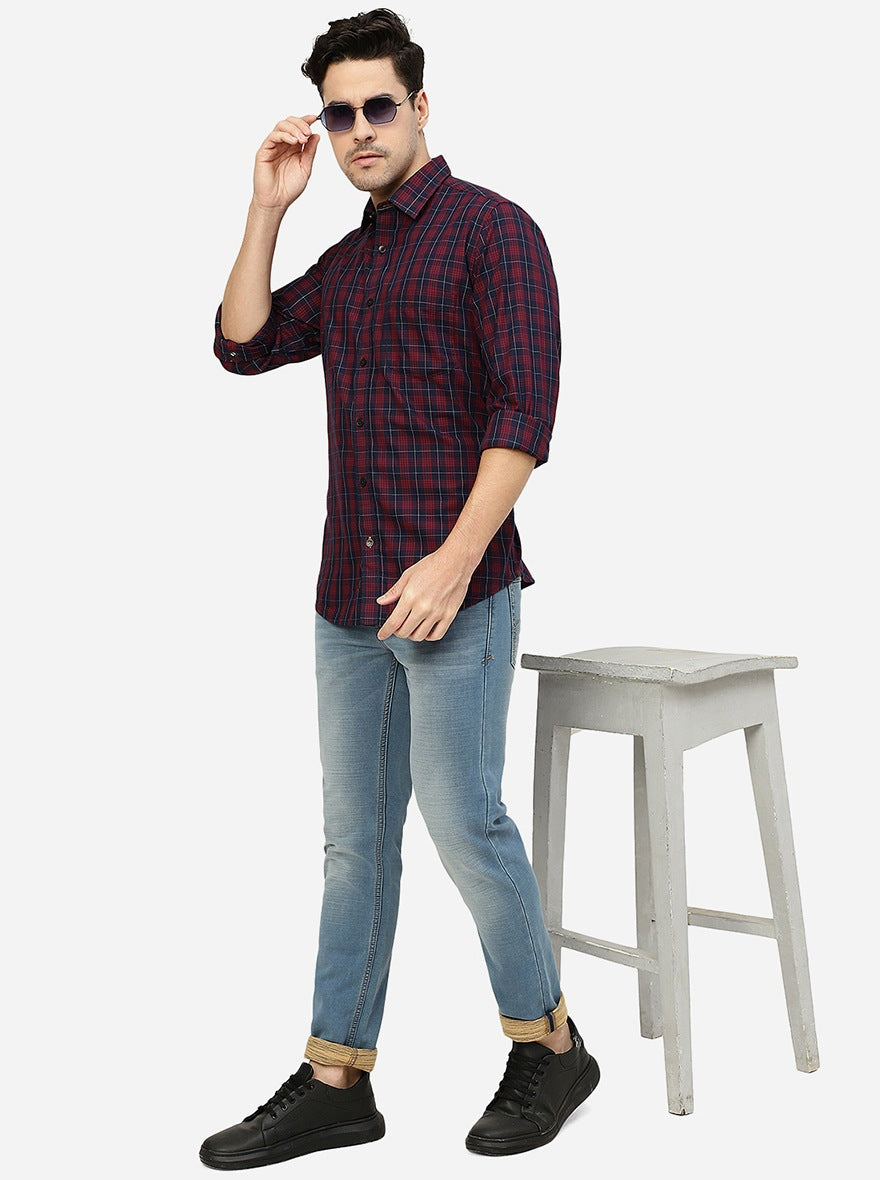 Blue & Red Checked Smart Fit Semi Casual Shirt | Pehervi