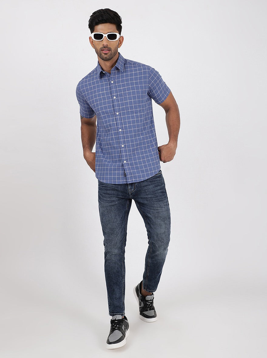 Blue Checked Slim Fit Casual Shirt | pehervi
