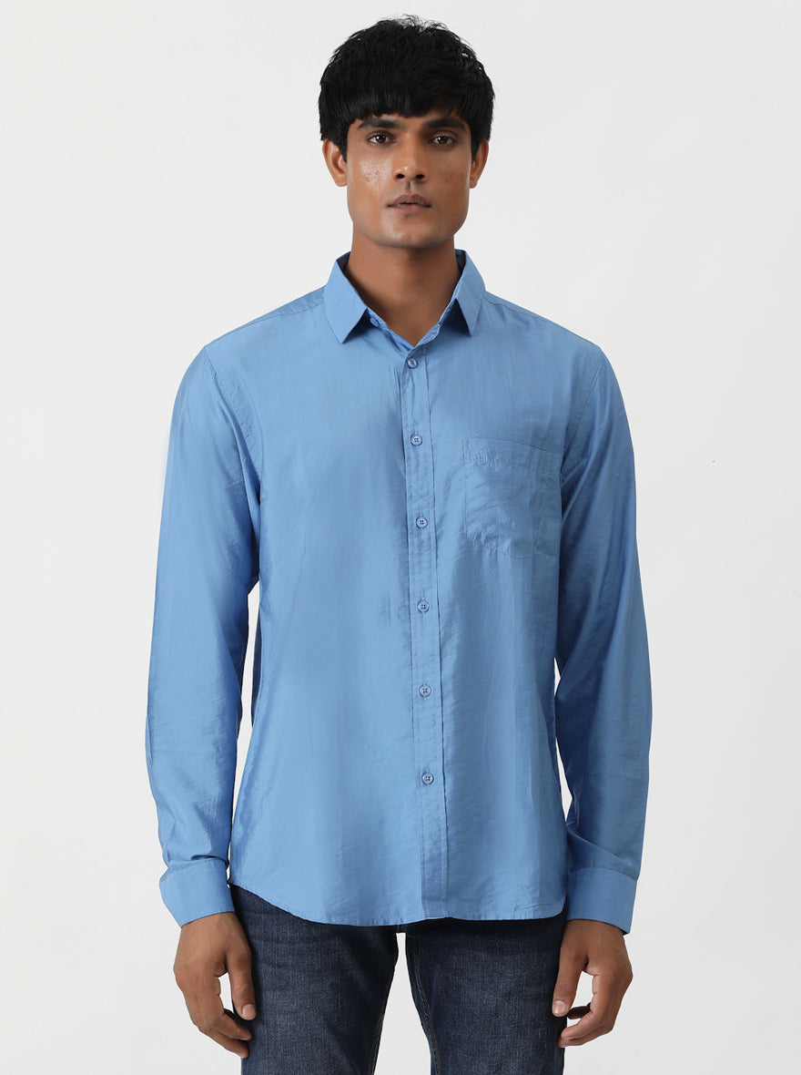 Blue Solid Slim Fit Casual Shirt | pehervi