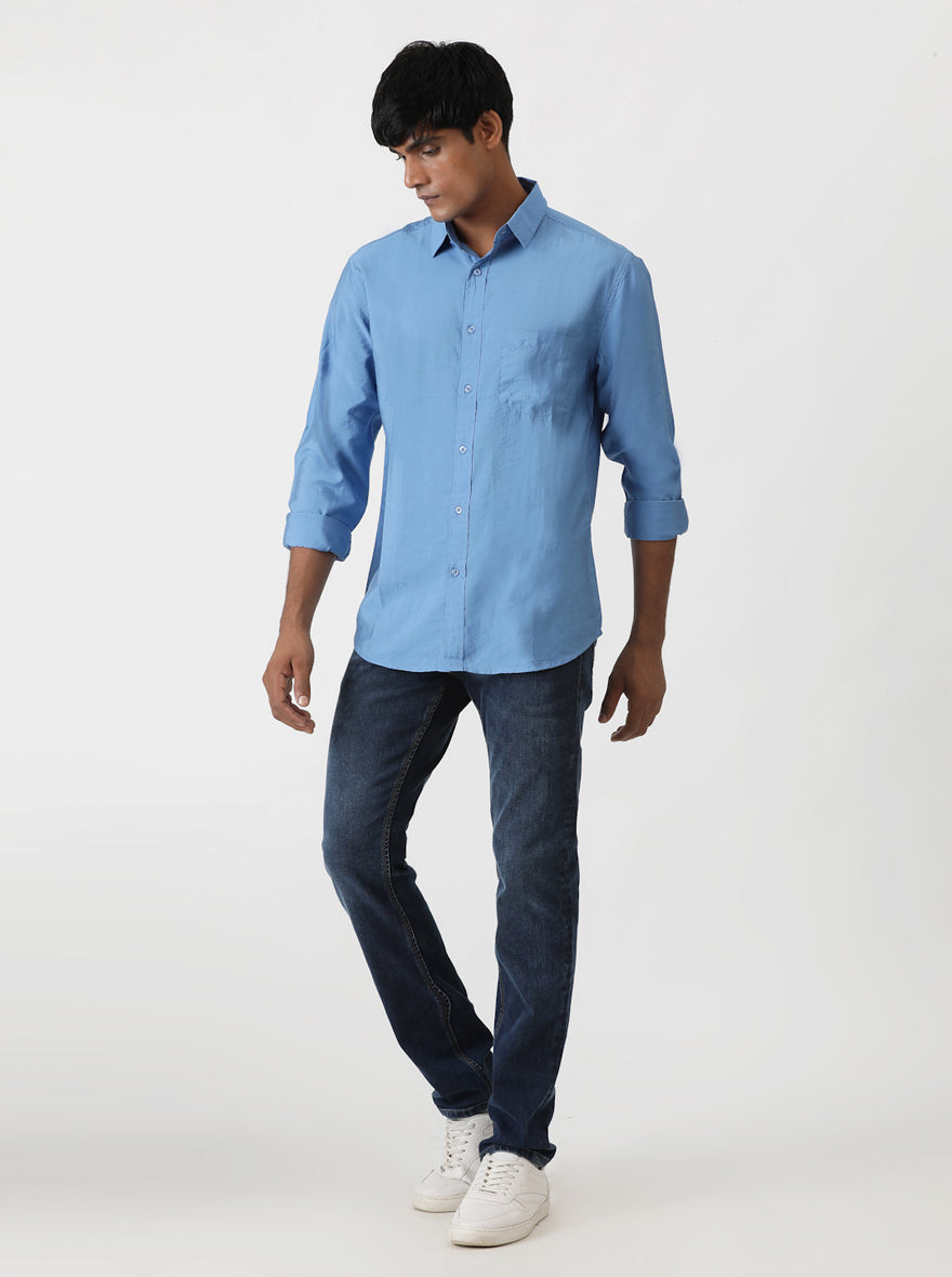 Blue Solid Slim Fit Casual Shirt | pehervi