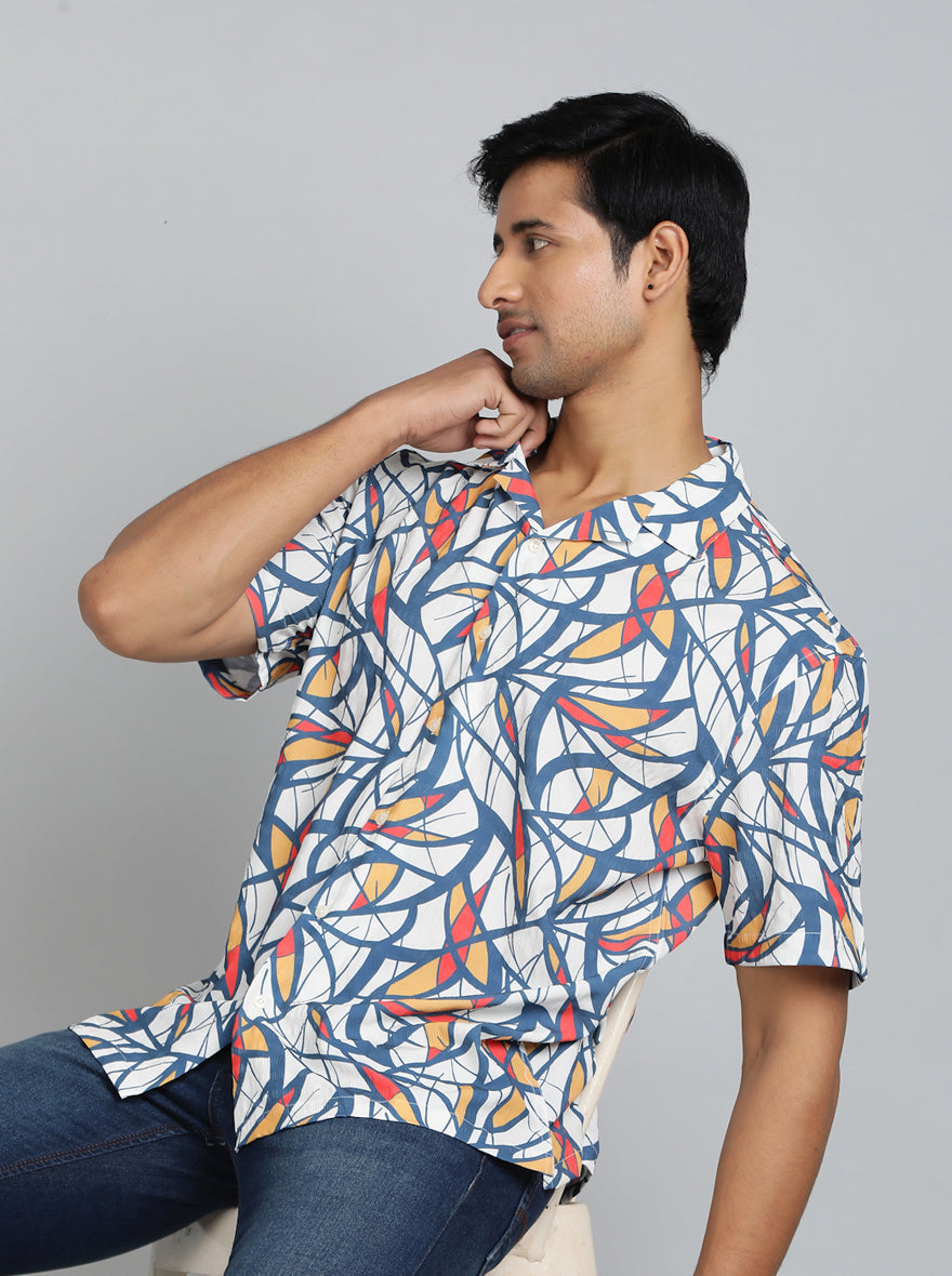 Blue Printed Slim Fit Casual Shirt | pehervi