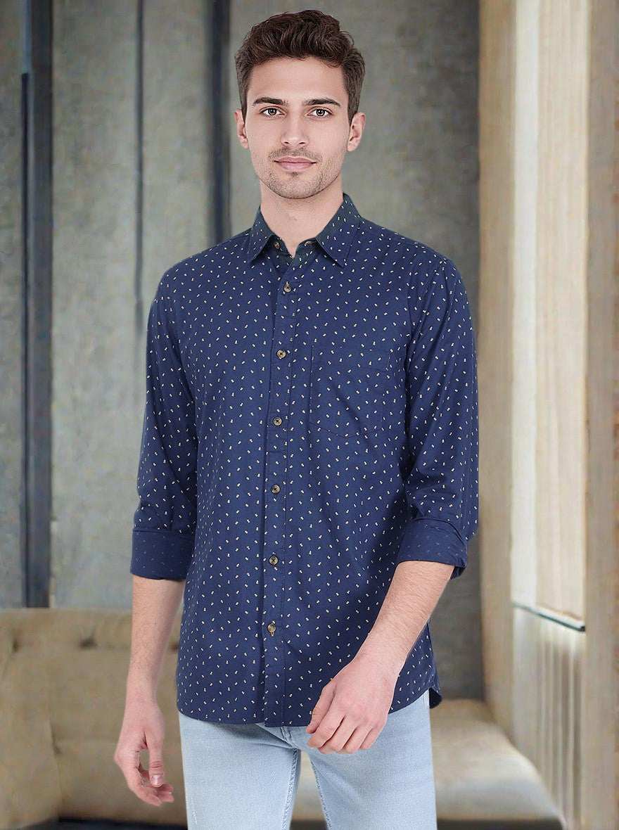 Ensign Blue' Printed Slim Fit Semi Casual Shirt | Pehervi