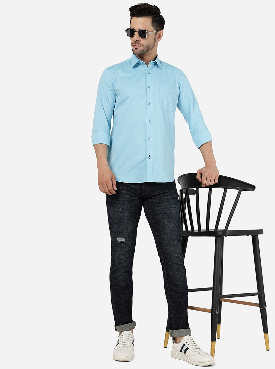 Blue Solid Smart Fit Semi Casual Shirt | Pehervi