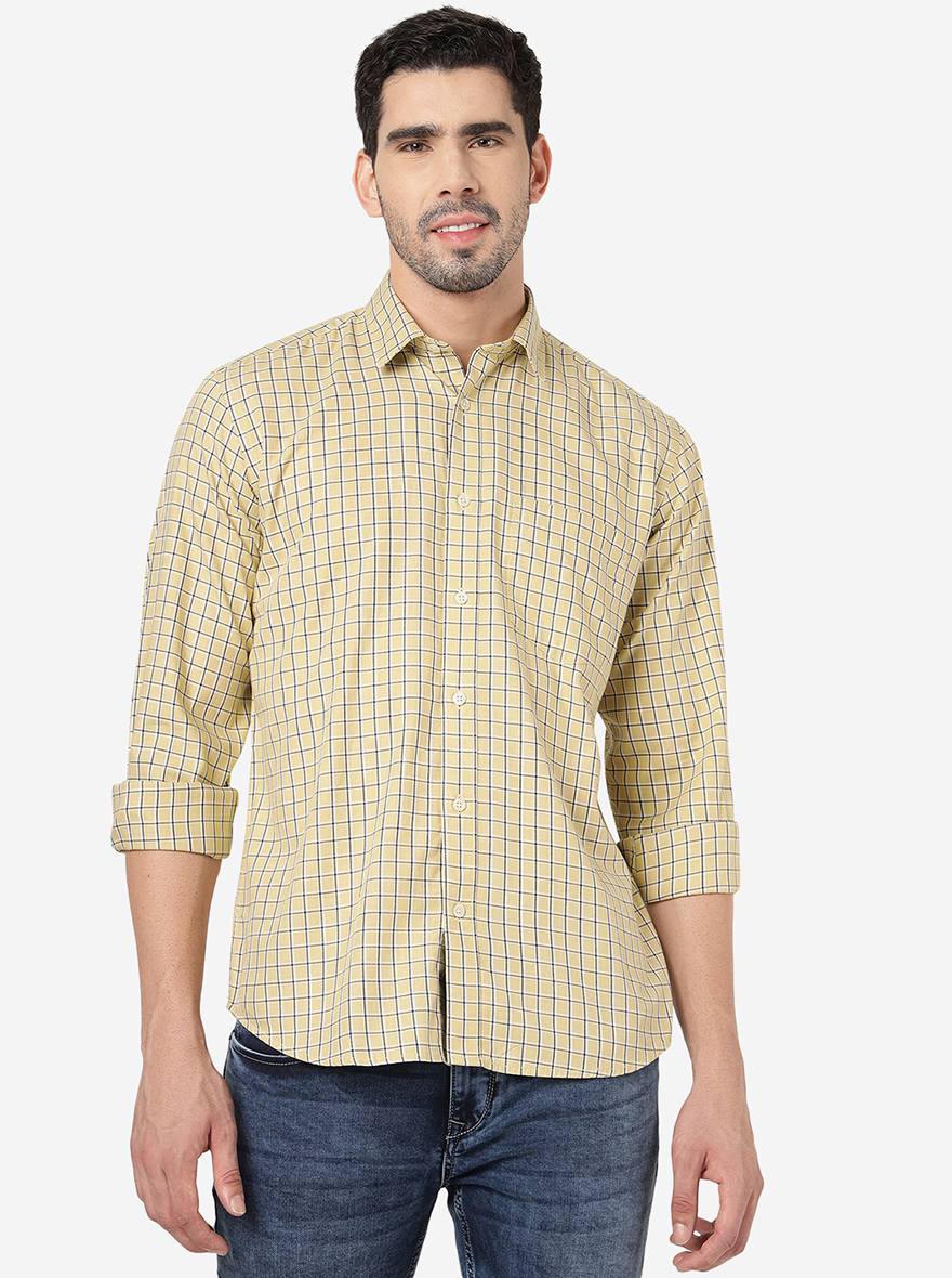 Cream Checked Smart Fit Semi Casual Shirt | Pehervi