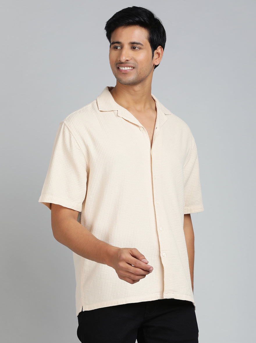 Cream Dobby Slim Fit Casual Shirt | pehervi
