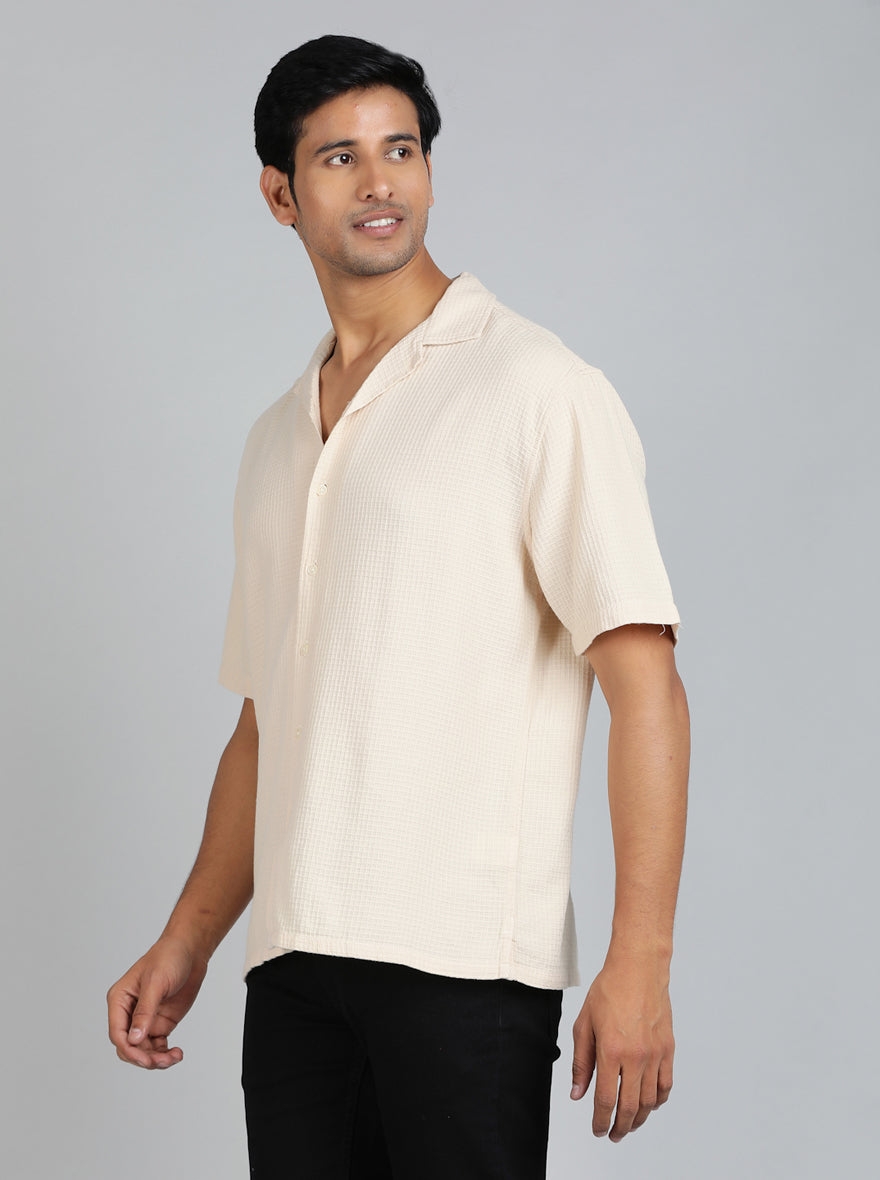 Cream Dobby Slim Fit Casual Shirt | pehervi