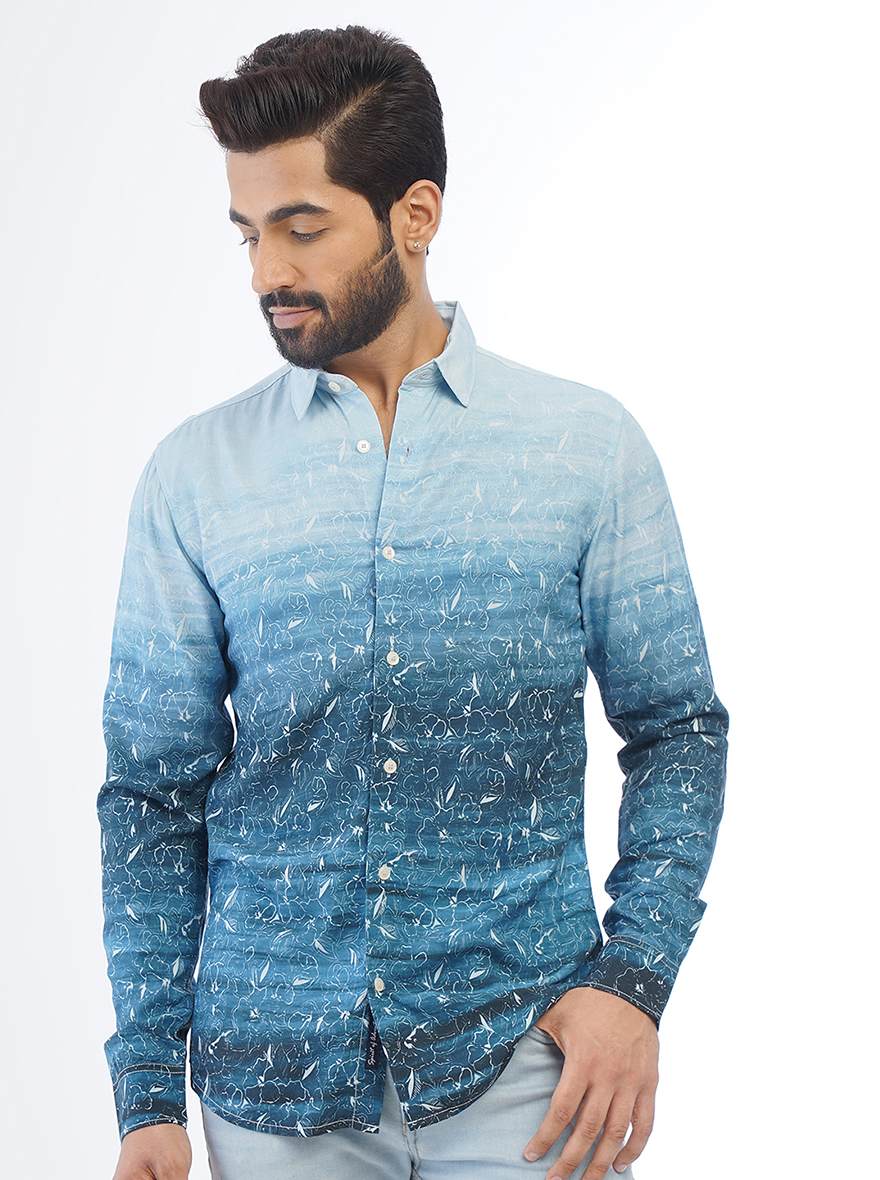 Blue Printed Slim Fit Casual Shirt | pehervi