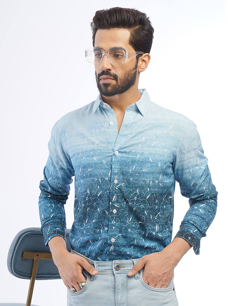 Blue Printed Slim Fit Casual Shirt | pehervi