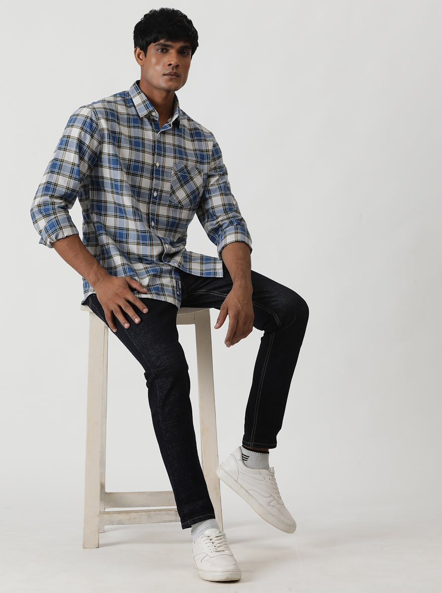 Blue Checked Slim Fit Casual Shirt | pehervi