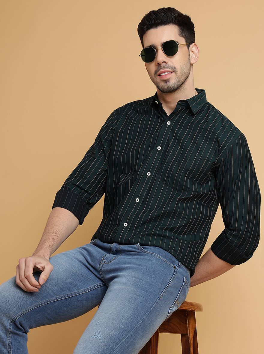 Bottle Green Striped Slim Fit Semi Casual Shirt | Pehervi