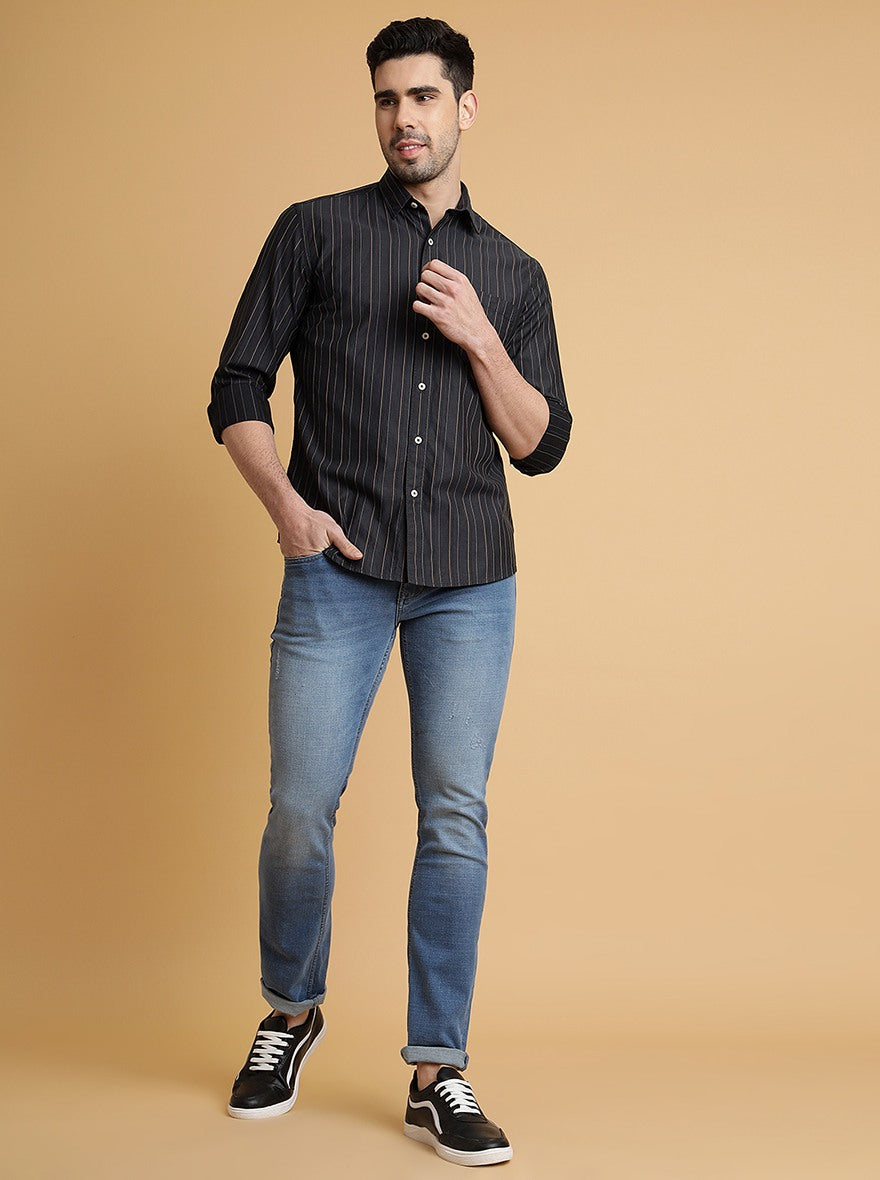 Dark Grey Striped Slim Fit Semi Casual Shirt | Pehervi