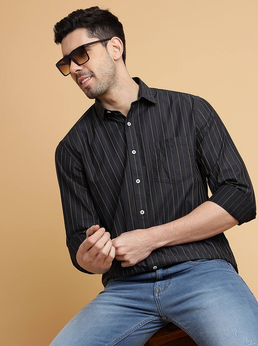 Dark Grey Striped Slim Fit Semi Casual Shirt | Pehervi