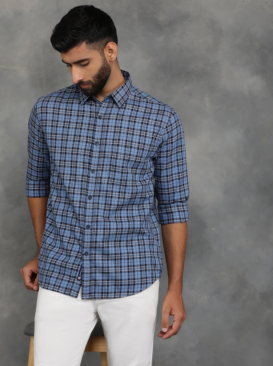 Blue Checked Slim Fit Casual Shirt | pehervi
