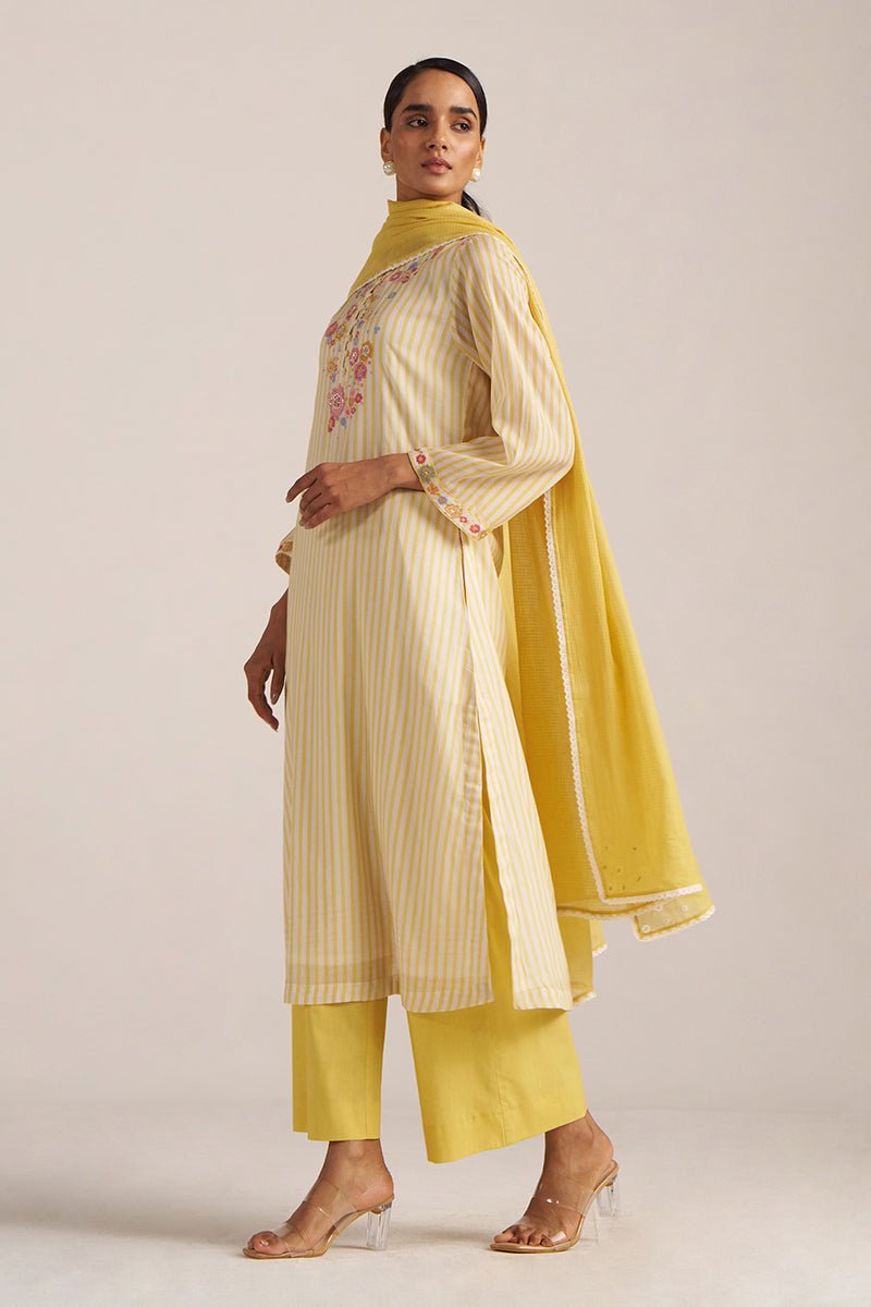 Cream-Gold Stripe and Floral kurta Set