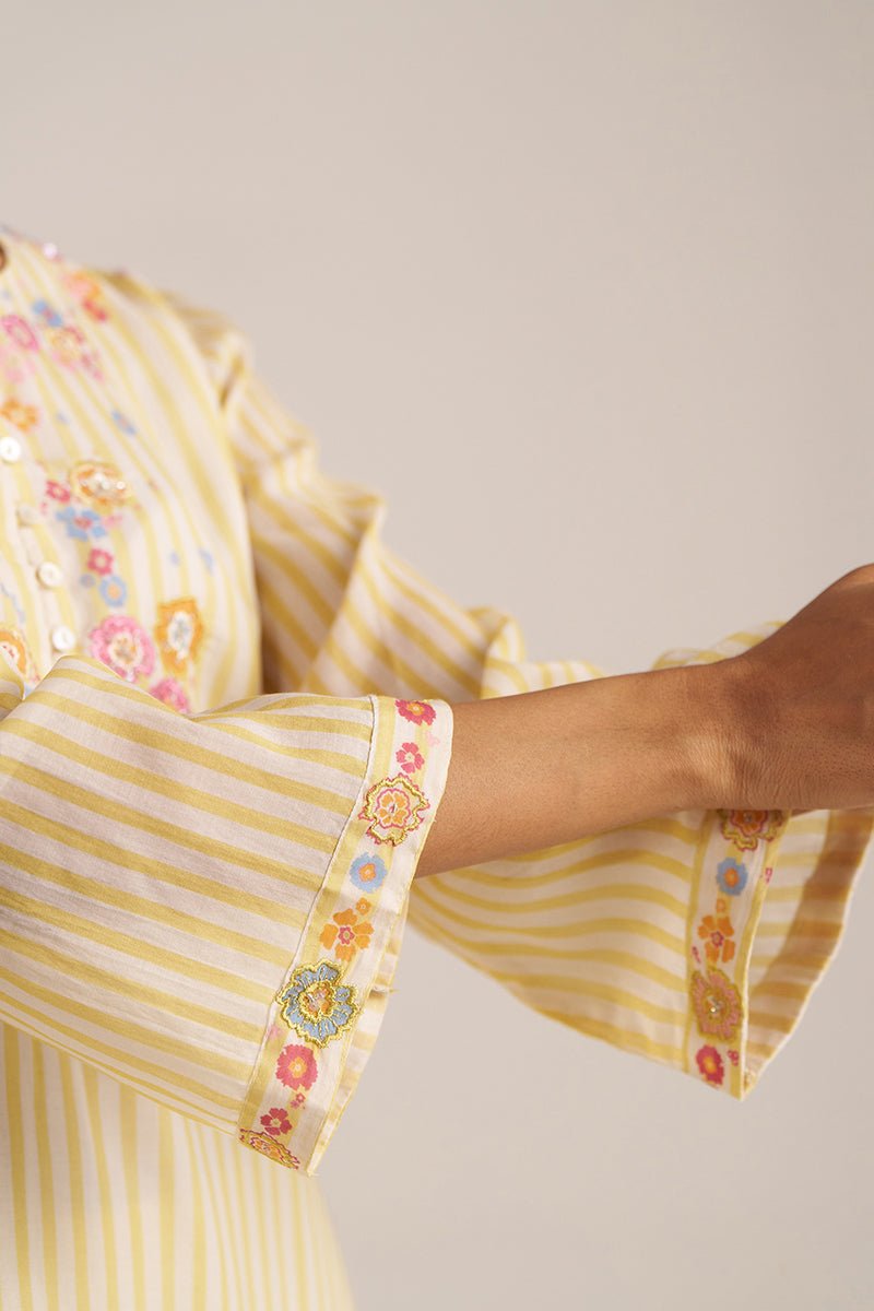 Cream-Gold Stripe and Floral kurta Set