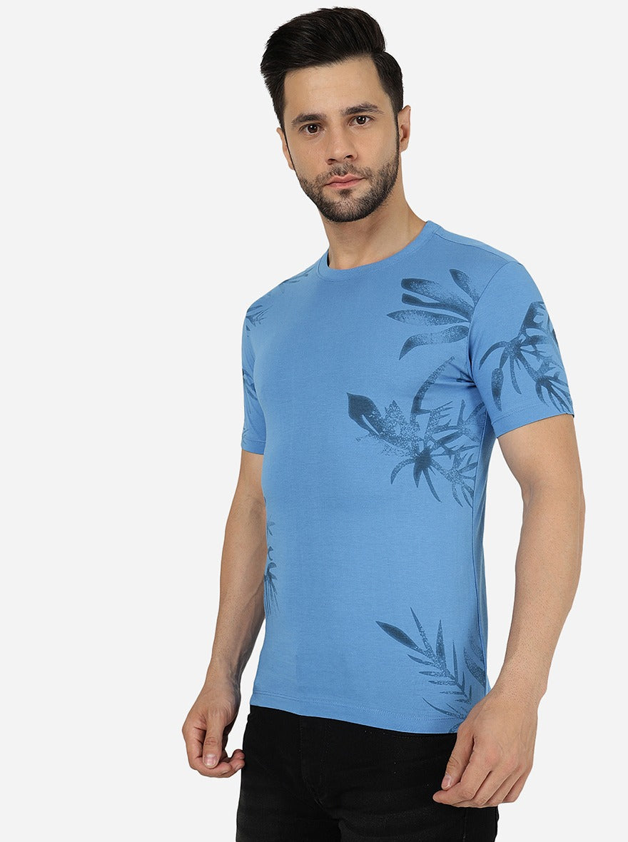 Campanula Blue Printed Slim Fit T-Shirt | pehervi