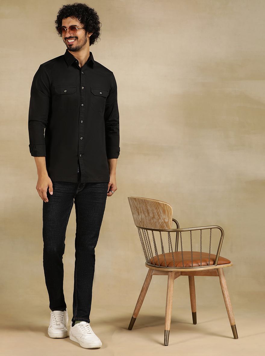 Black Solid Slim Fit Casual Shirt | pehervi