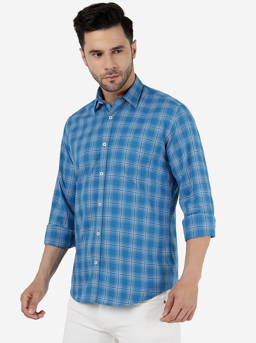 Blue Checked Slim Fit Semi Casual Shirt | Pehervi