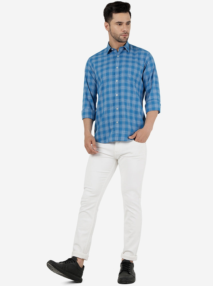 Blue Checked Slim Fit Semi Casual Shirt | Pehervi