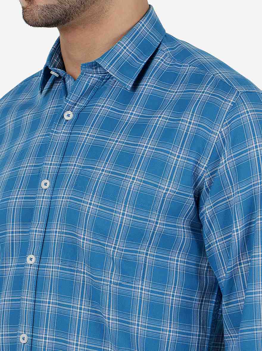 Blue Checked Slim Fit Semi Casual Shirt | Pehervi
