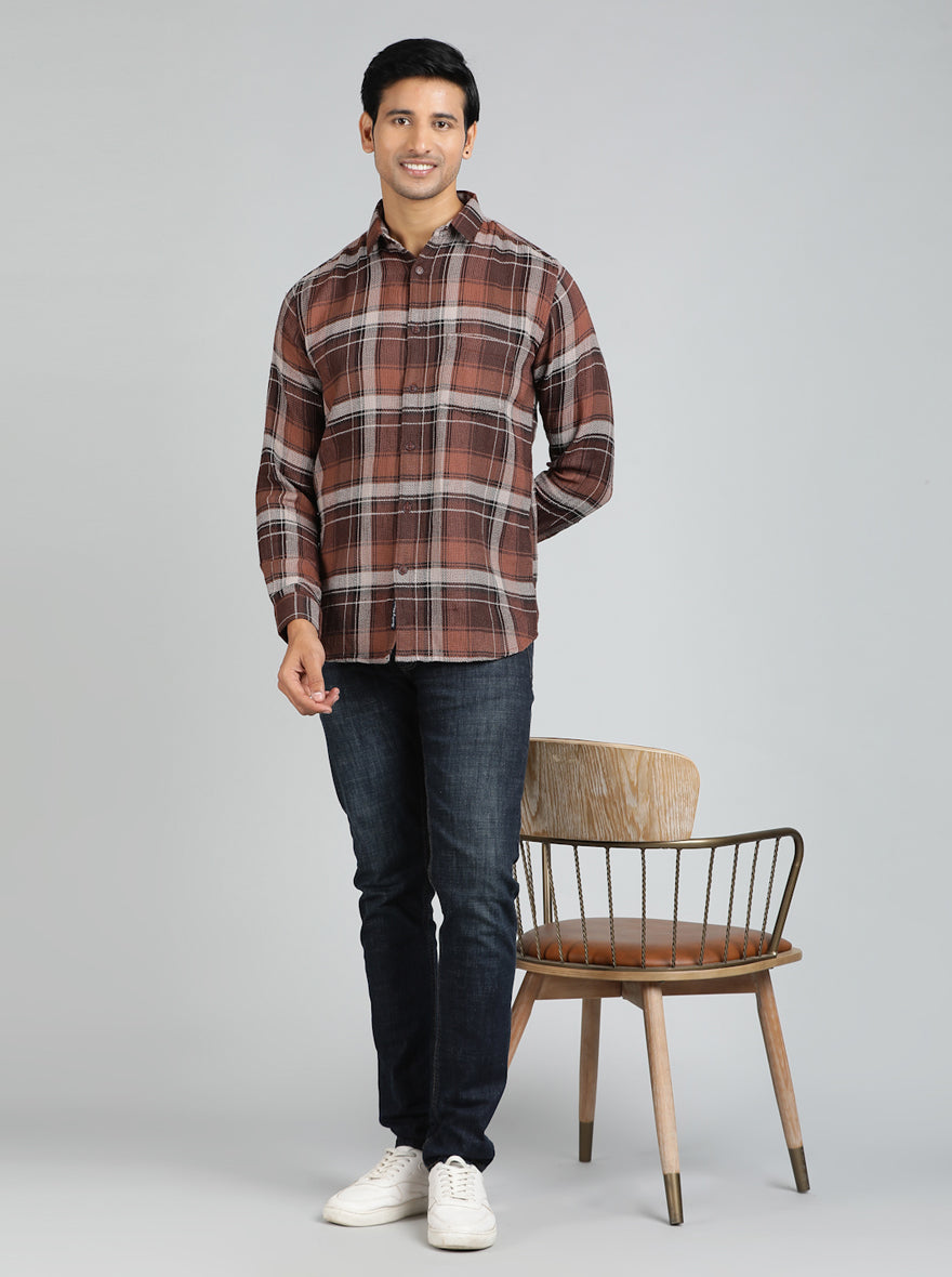 Brown Checked Slim Fit Casual Shirt | pehervi