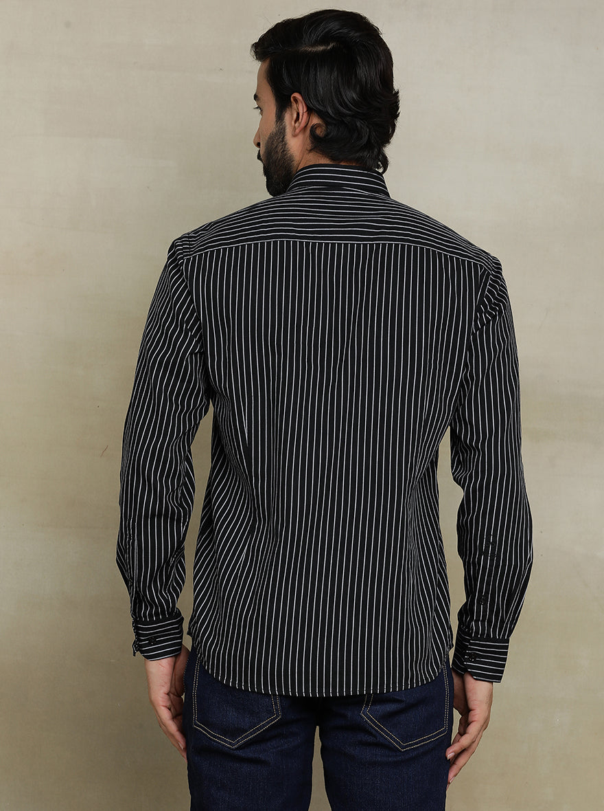 Black Striped Tailored Fit Semi Casual Shirt | Pehervi