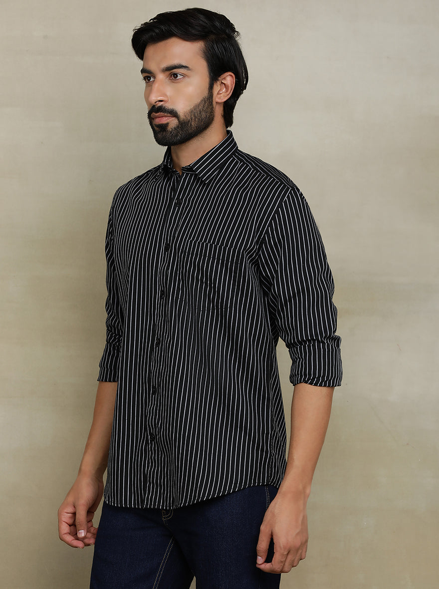 Black Striped Tailored Fit Semi Casual Shirt | Pehervi