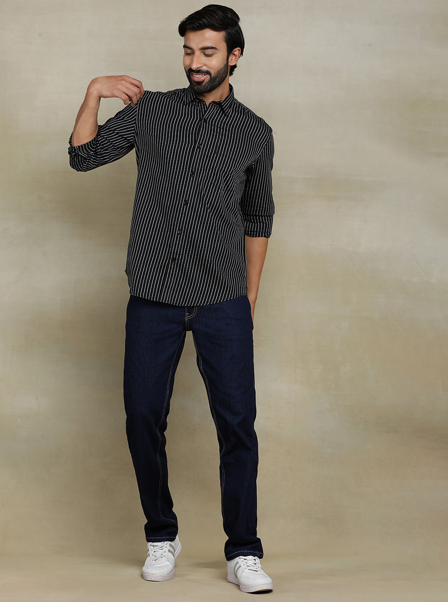 Black Striped Tailored Fit Semi Casual Shirt | Pehervi