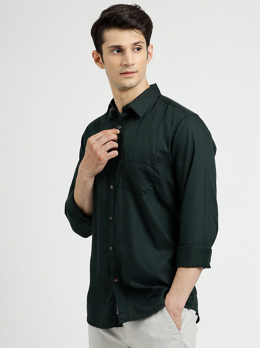 Bottle Green Solid Slim Fit Casual Shirt | pehervi