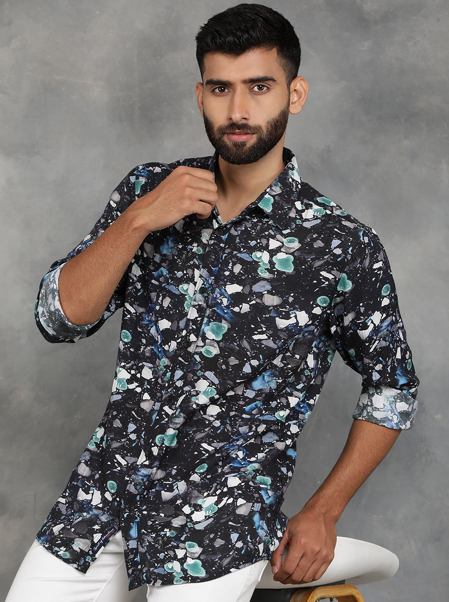 Black Printed Slim Fit Casual Shirt | pehervi