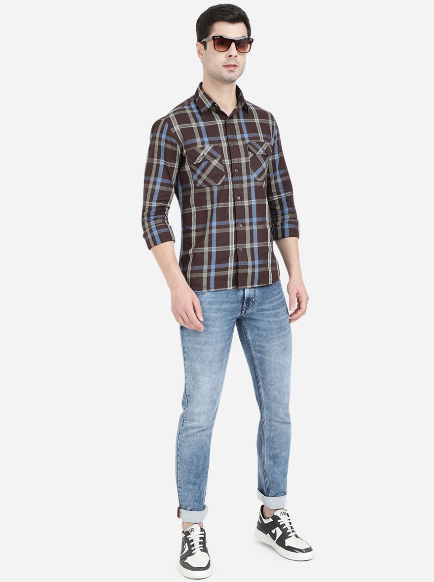 Brown Checked Slim Fit Semi Casual Shirt | Pehervi
