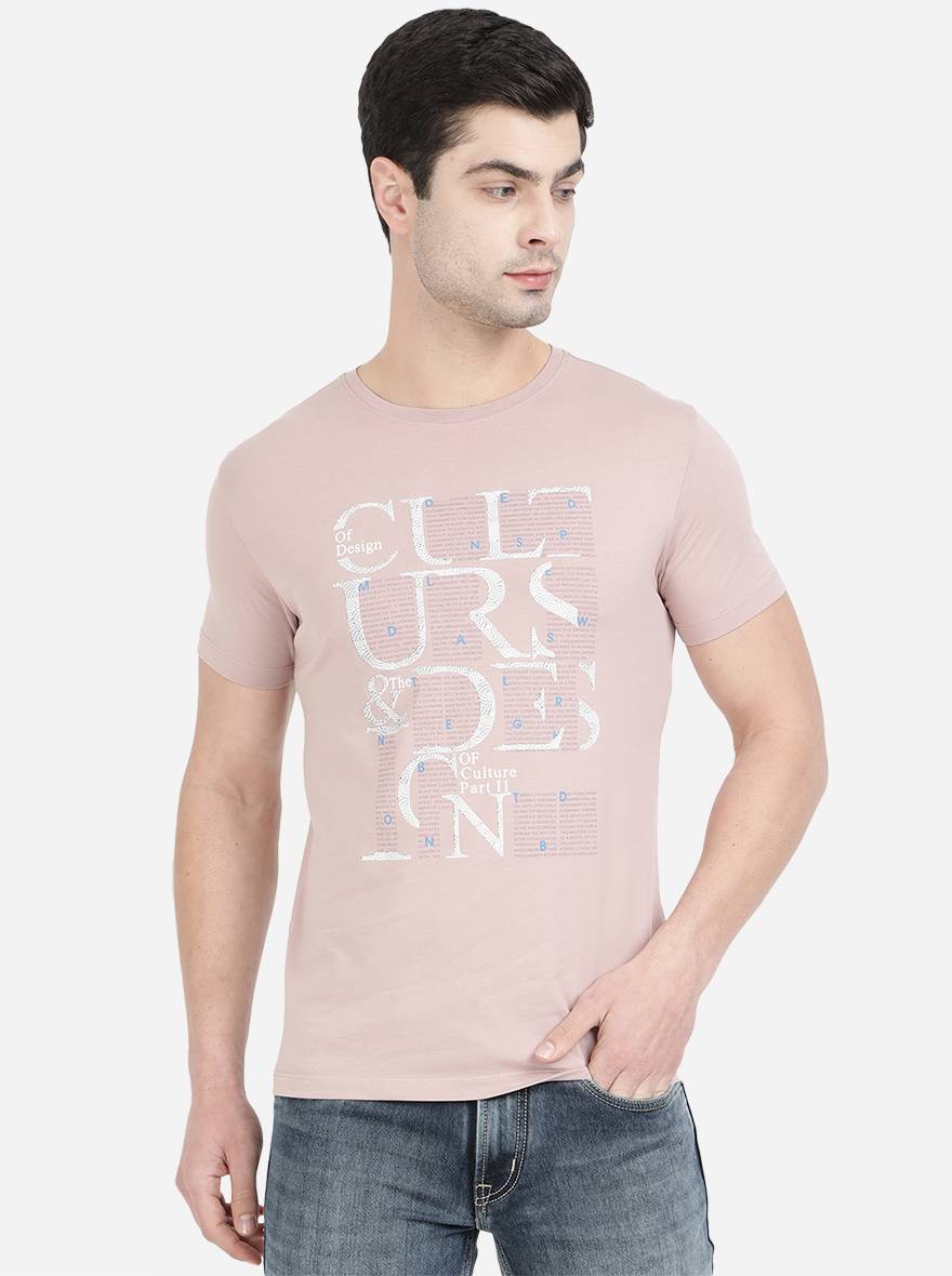 Dusty Pink Printed Slim Fit T-Shirt | pehervi