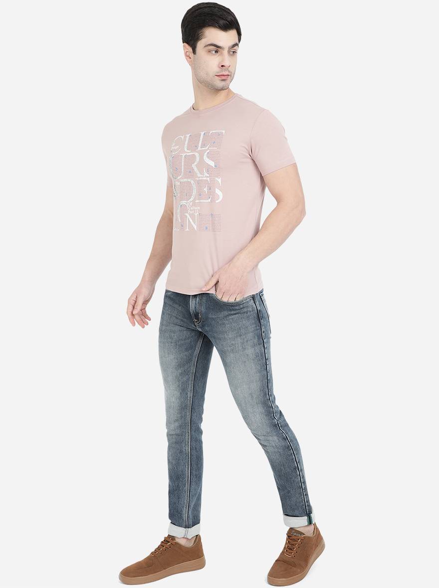 Dusty Pink Printed Slim Fit T-Shirt | pehervi