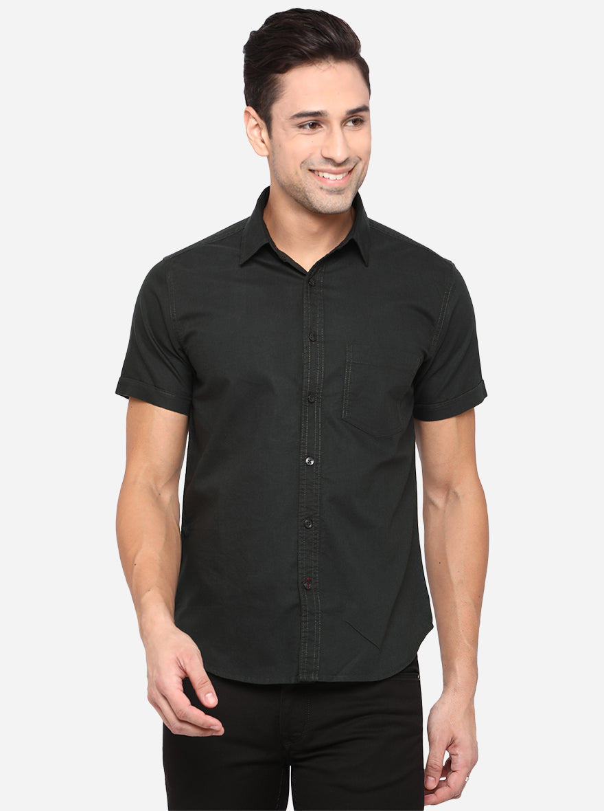 Dark Green Solid Slim Fit Semi Casual Shirt | Pehervi