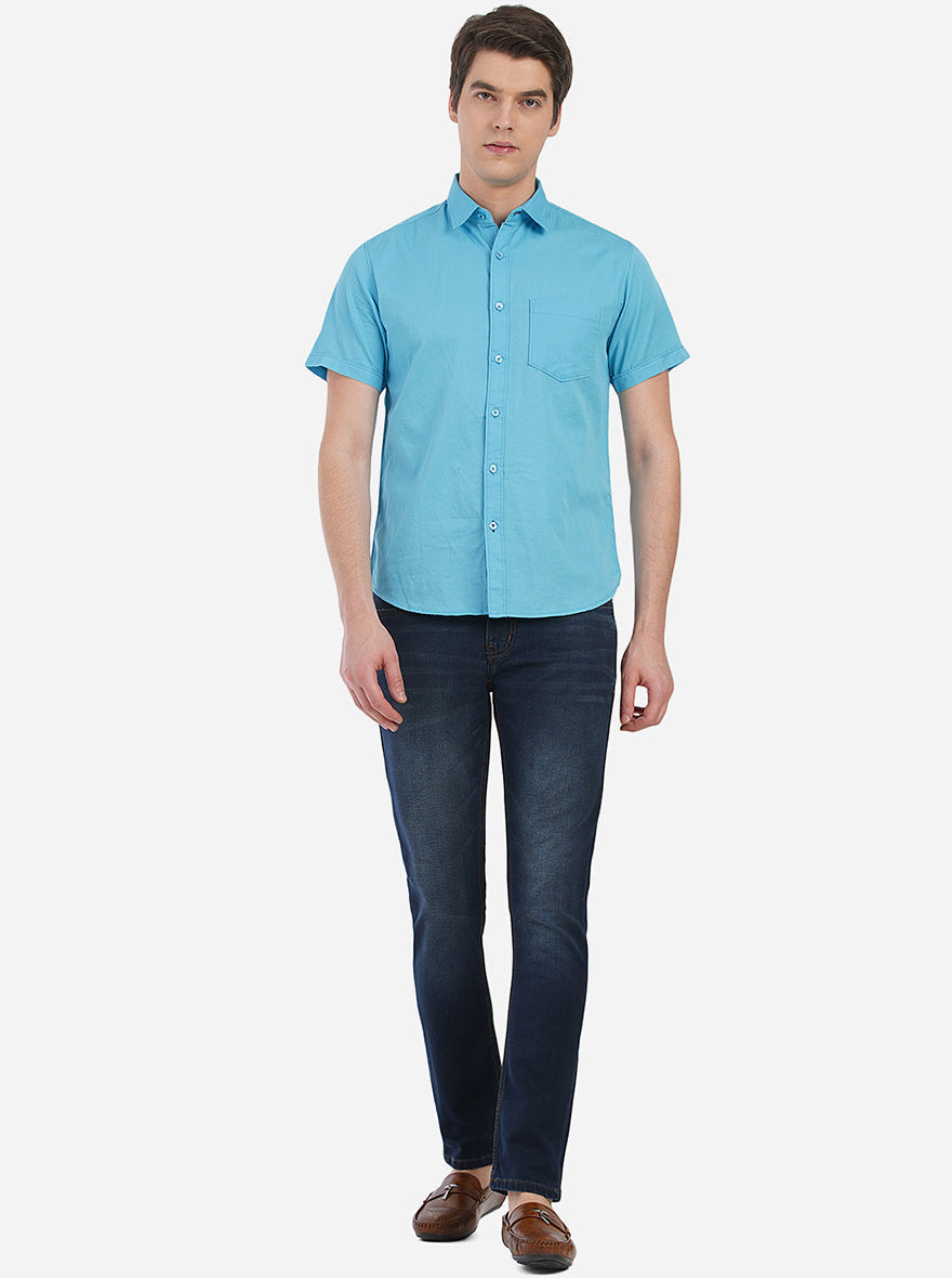 Blue Solid Slim Fit Semi Casual Shirt | Pehervi