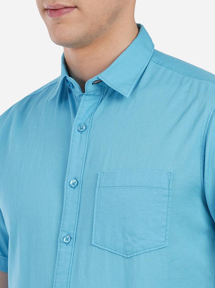 Blue Solid Slim Fit Semi Casual Shirt | Pehervi