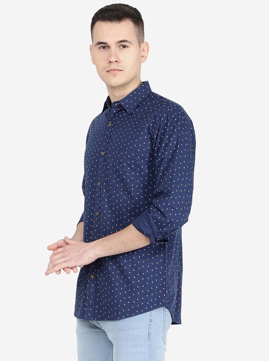 Ensign Blue' Printed Slim Fit Semi Casual Shirt | Pehervi