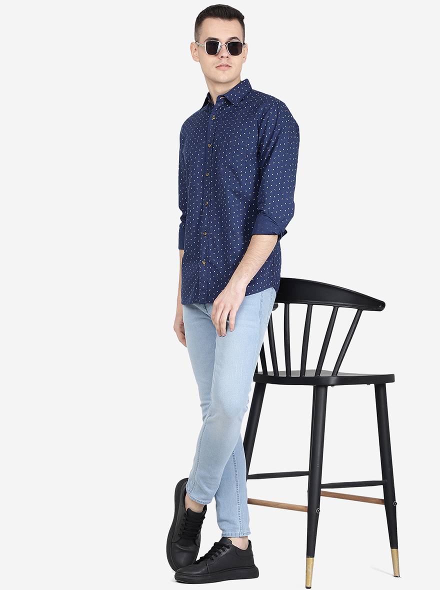 Ensign Blue' Printed Slim Fit Semi Casual Shirt | Pehervi