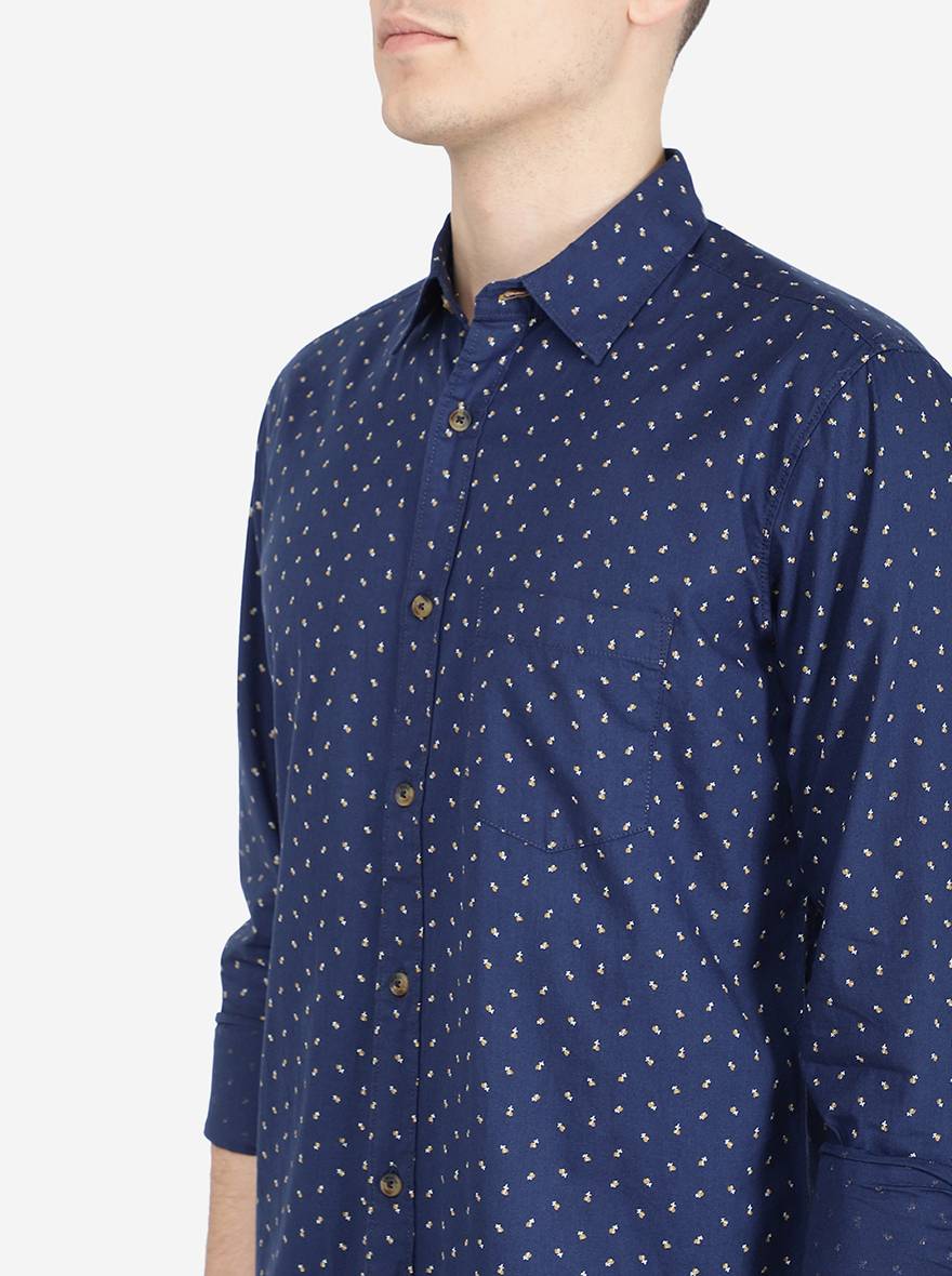 Ensign Blue' Printed Slim Fit Semi Casual Shirt | Pehervi