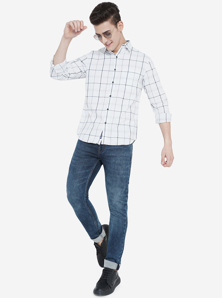 Bright White Checked Slim Fit Semi Casual Shirt | Pehervi