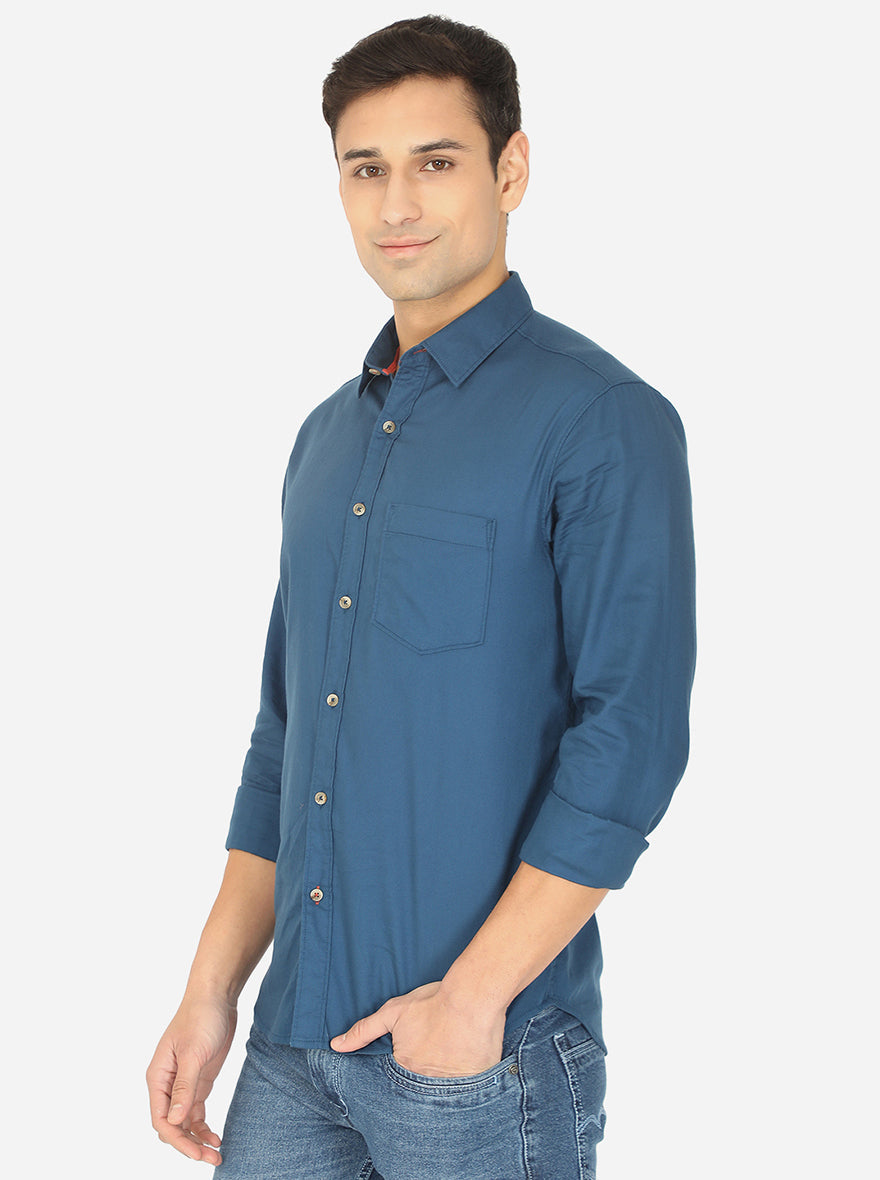 Dark Blue Solid Slim Fit Semi Casual Shirt | Pehervi